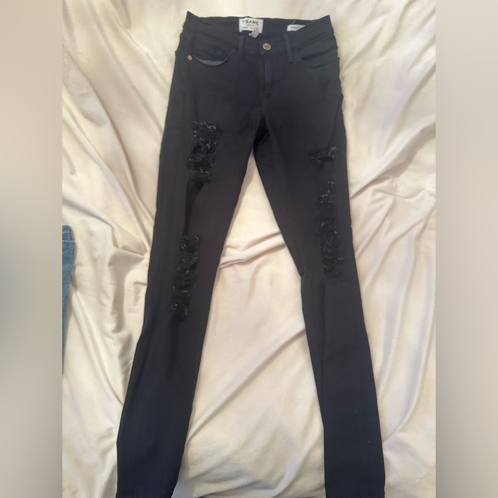 Frame Black Ripped Mid Rise Skinny Jeans